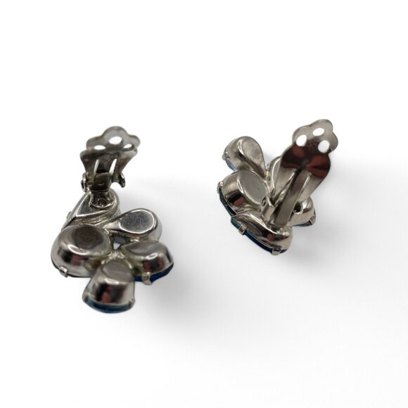 Vintage Blue and AB Rhinestone Clip-On Earrings Large Stones Prong Set Silver - Picture 8 of 10